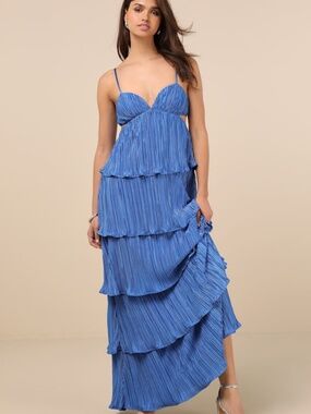 Lulus Kanya Blue Satin Plisse Tiered Maxi Dress - Size S